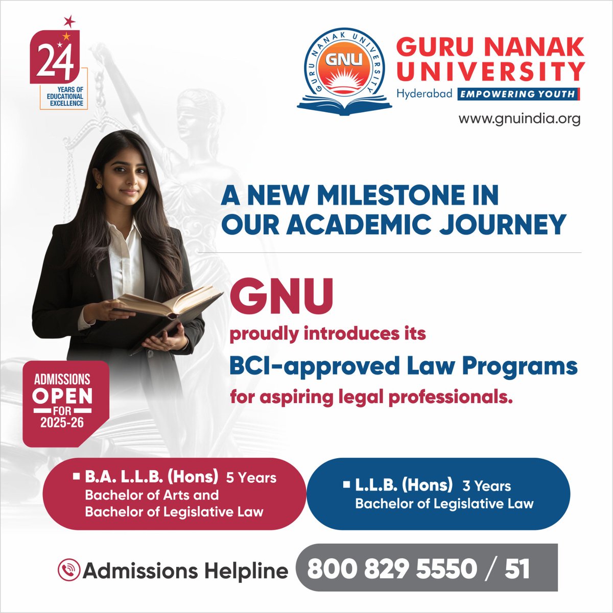 GNUIndia's tweet image. Guru Nanak University, Hyderabad proudly launches its BCI-approved Law Programs (B.A.LL.B – 5 Years &amp;amp; L.L.B – 3 Years) for aspiring legal professionals. Admissions open for 2025–26. 
 #LawPrograms #BCIApproved #GuruNanakUniversity #Admissions2025 #LegalEducation #Hyderabad