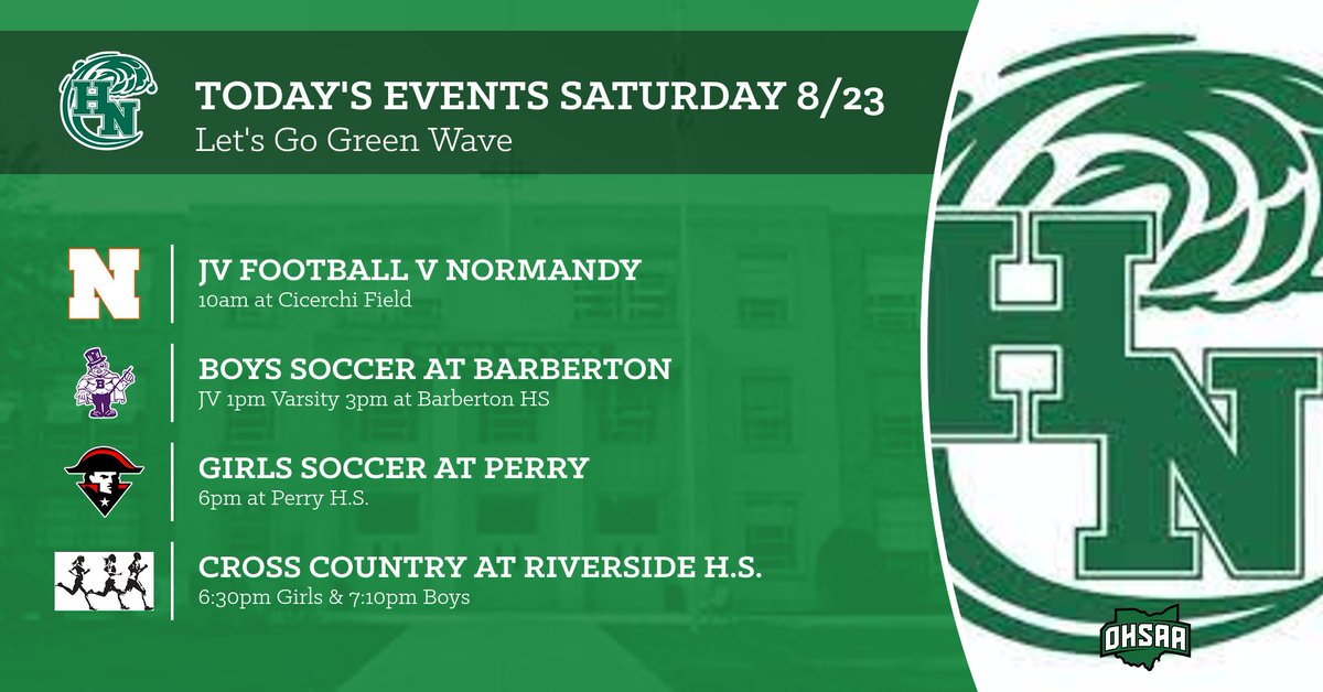 Good luck to our programs competing today. JV Fball v Normandy, Boys Soccer at Barberton, Girls Soccer at Perry, &amp; XC at the Riverside Night Race. Let's go Green Wave! #NamerPride #AllHail <a href="/HNGreenwave/">Holy Name High School</a> <a href="/HN_Mens_Soccer/">Holy Name Men’s Soccer</a> <a href="/HN_GirlsSoccer/">HN Girls Soccer</a> <a href="/HNTrack2017/">HN XC and Track</a>
