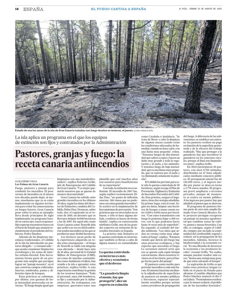 Hace unos días La Sexta ponía a Gran Canaria como ejemplo en prevención de incendios. Hoy lo hace El País. Una enorme satisfacción el reconocimiento, sostenido en la acción política, la capacidad técnica, el trabajo de los/as profesionales y la participación de la sociedad.