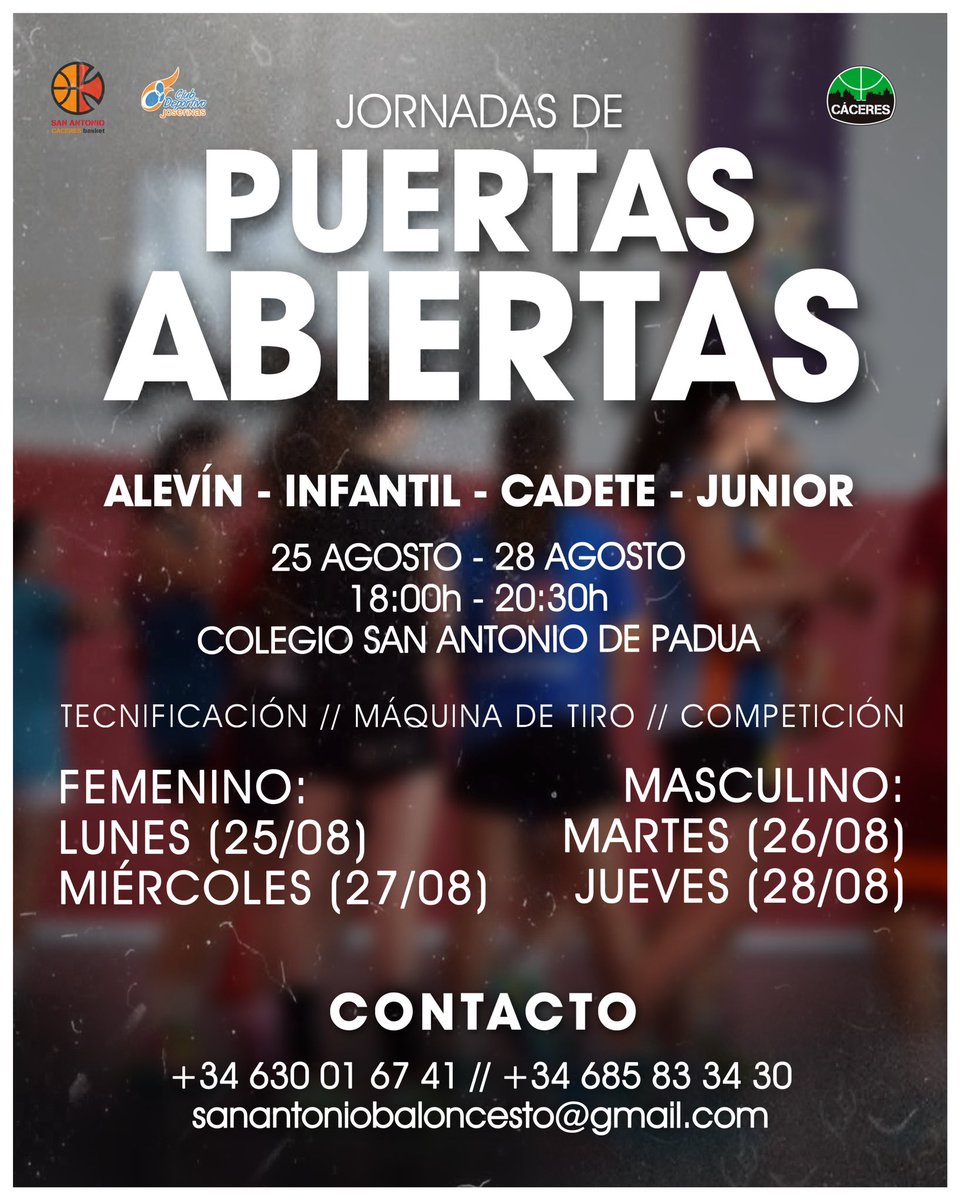 Ven a JUGAR 🤟

La semana que viene el San Antonio tendrá sus PUERTAS ABIERTAS a todo aquel que quiera entrenar con nosotr@s 🤩

Busca tu categoría y horario en la publicación y únete al SANAN ‼️

<a href="/Caceres_Basket/">CacerEsBasket</a> 
<a href="/DiputacionCC/">DiputacionCC</a> 
<a href="/jovendeportEXT/">Jóvenes y Deportes Extremadura</a> 
<a href="/Ayto_Caceres/">Ayuntamiento Cáceres</a>
