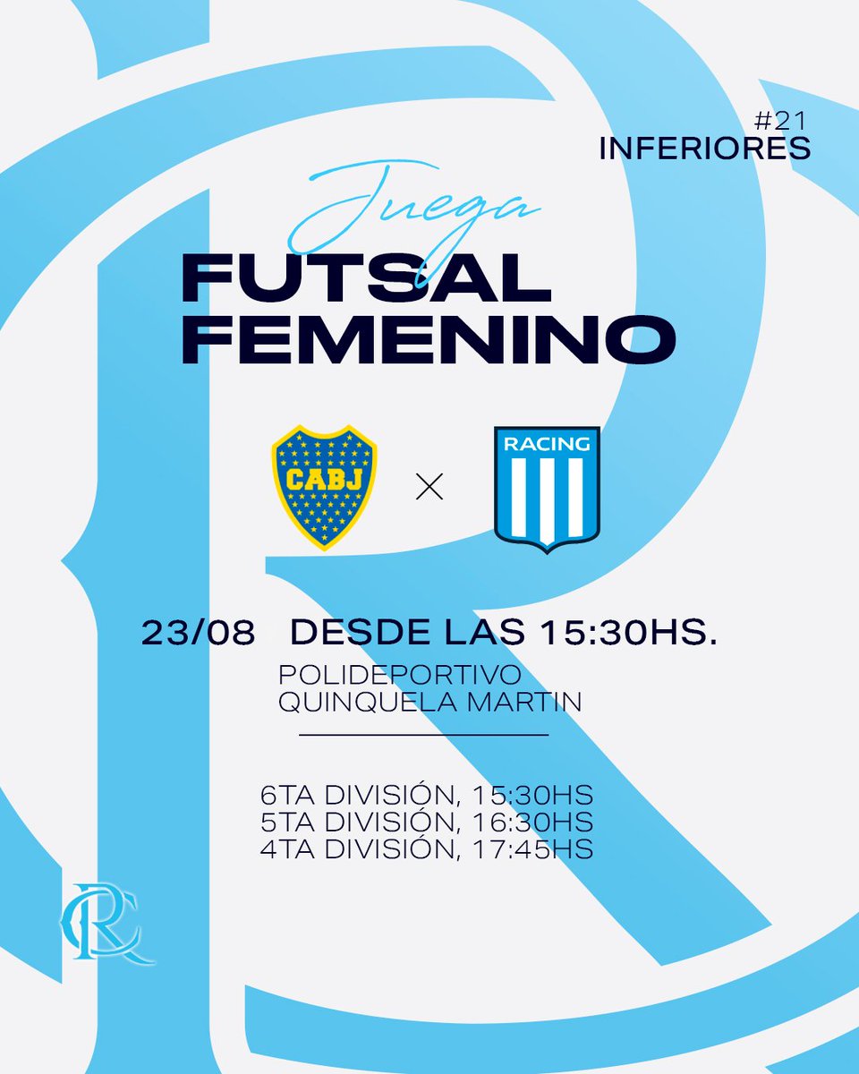 FUTSAL FEMENINO - INFERIORES

⚽️ Torneo de inferiores - fecha 21
🆚 Boca Jrs. 
📆 Sábado 23/8
🕣 Desde las 15:30hs.
🏟️ Polideportivo Quinquela Martin (Arzobispo Espinosa 550, CABA)
🎫 $5000

#VamosRacing