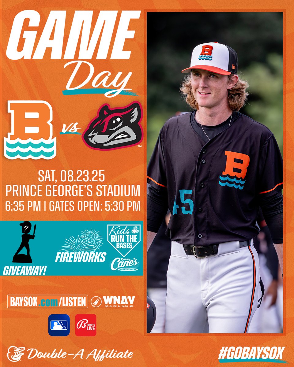 Chesapeake Baysox (@baysoxofficial) on Twitter photo Happy Saturday!
⏰ 6:35 p.m. ET
📍 Prince George's Stadium
📻 hubs.ly/Q03F6Zz20
📺 <a href="/MiLB/">Minor League Baseball</a> TV, <a href="/Bally__Sports/">Bally Sports Live</a>
🎟️ hubs.ly/Q03F6-5D0 Happy Saturday!
⏰ 6:35 p.m. ET
📍 Prince George's Stadium
📻 hubs.ly/Q03F6Zz20
📺 <a href="/MiLB/">Minor League Baseball</a> TV, <a href="/Bally__Sports/">Bally Sports Live</a>
🎟️ hubs.ly/Q03F6-5D0