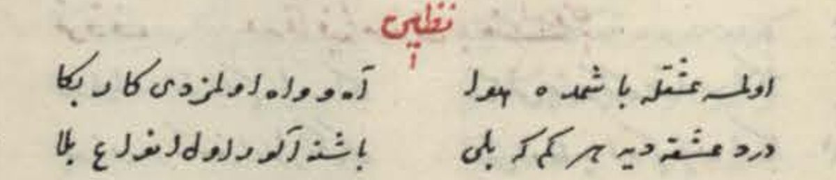 Nazire

Olmasa 'aşk-ıla başumda heva
Ah u vah olmaz-ıdı kar bana

Derd-i 'aşka diye her kim ki beli
Başuna alur ol enva'-ı bela

Edirneli Nazmi