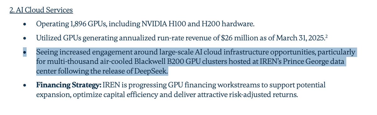 litigious_dulce's tweet image. $IREN ’s upcoming earnings are less about past events and more about future growth. Recent developments point to a miner-turned-infrastructure operator that is deliberately clearing the runway for large colocation and cloud wins—and doing so on a timeline that aligns with…