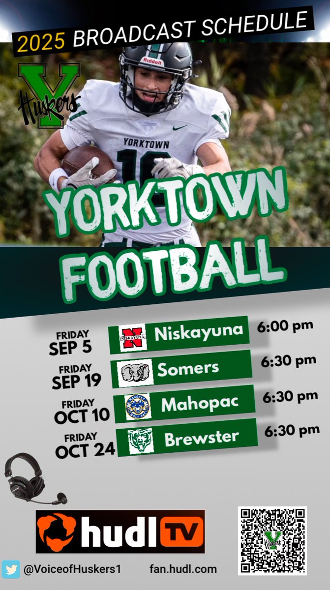 HS football starts today!!!

Here is the <a href="/YtownHuskers/">Yorktown Football</a> football broadcast schedule this season!

I will be back for year 4 on the play-by-play.

Good luck to the Huskers!

<a href="/YCSD_Athletics/">Robert Barrett</a> 
<a href="/YHSDeGennaro/">Mr. Joseph DeGennaro</a> 
<a href="/HuskersYorktown/">Yorktown Huskers</a>