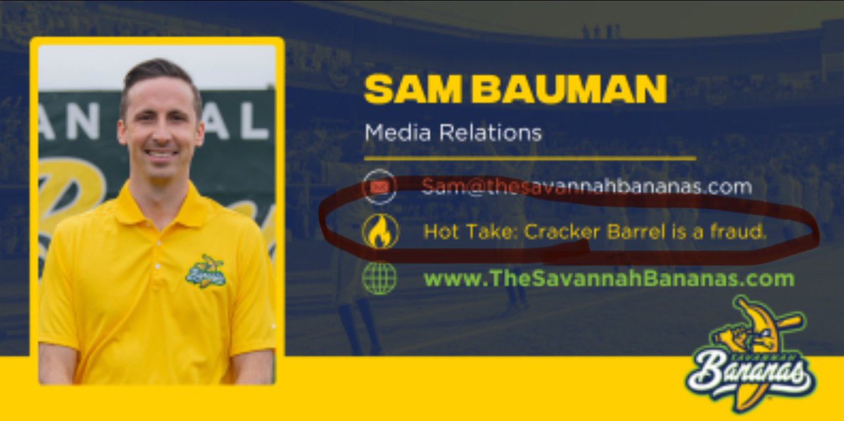 Sam Bauman (@sambaumananas) on Twitter photo I’ve had this as my “hot take” on my email signature for 2 years…
<a href="/CrackerBarrel/">Cracker Barrel</a>…this one may be on me I’ve had this as my “hot take” on my email signature for 2 years…
<a href="/CrackerBarrel/">Cracker Barrel</a>…this one may be on me