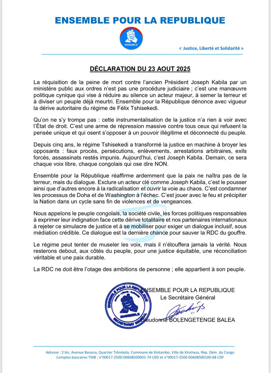 Stanis Bujakera Tshiamala (@stanysbujakera) on Twitter photo #RDC: Le parti de <a href="/moise_katumbi/">Moise Katumbi</a> Ensemble pour la République prend position contre le procès Kabila 👇🏻
📌 « La réquisition de la peine de mort contre l’ancien Président Joseph Kabila par un ministère public aux ordres n’est pas une procédure judiciaire ; c’est une manœuvre #RDC: Le parti de <a href="/moise_katumbi/">Moise Katumbi</a> Ensemble pour la République prend position contre le procès Kabila 👇🏻
📌 « La réquisition de la peine de mort contre l’ancien Président Joseph Kabila par un ministère public aux ordres n’est pas une procédure judiciaire ; c’est une manœuvre
