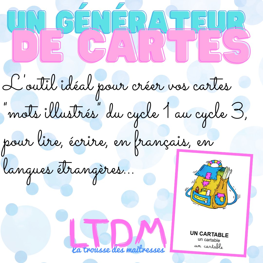 #UnJourUneIdée : L'outil le plus simple proposé cet été : le générateur de cartes : latroussedesmaitresses.com/un-generateur-… 
Il suffit d'écrire votre mot, de choisir votre illustration et de télécharger votre carte. C'est essentiel en production d'écrits mais aussi en mathématiques...