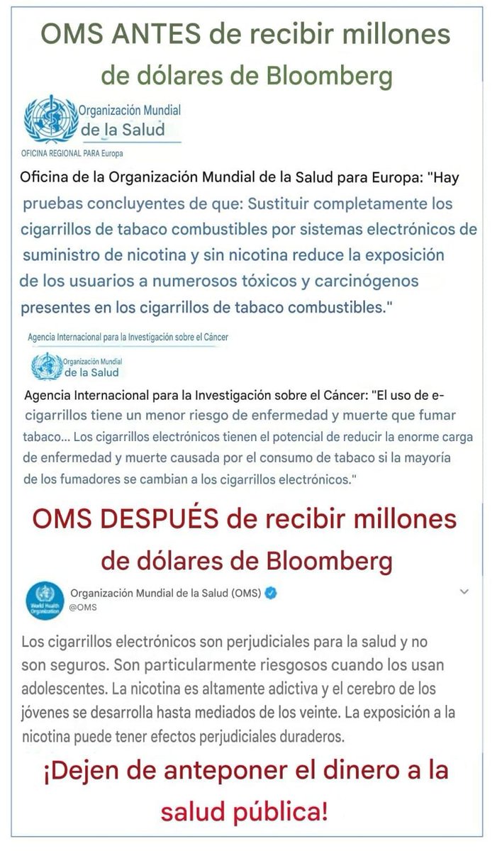 OMS dando cátedra sobre ‘desinformacion’… justo la misma que cambió su discurso del vapeo después de un cheque millonario de Bloomberg.
¡ No tienen derecho a hablar de desinformación !