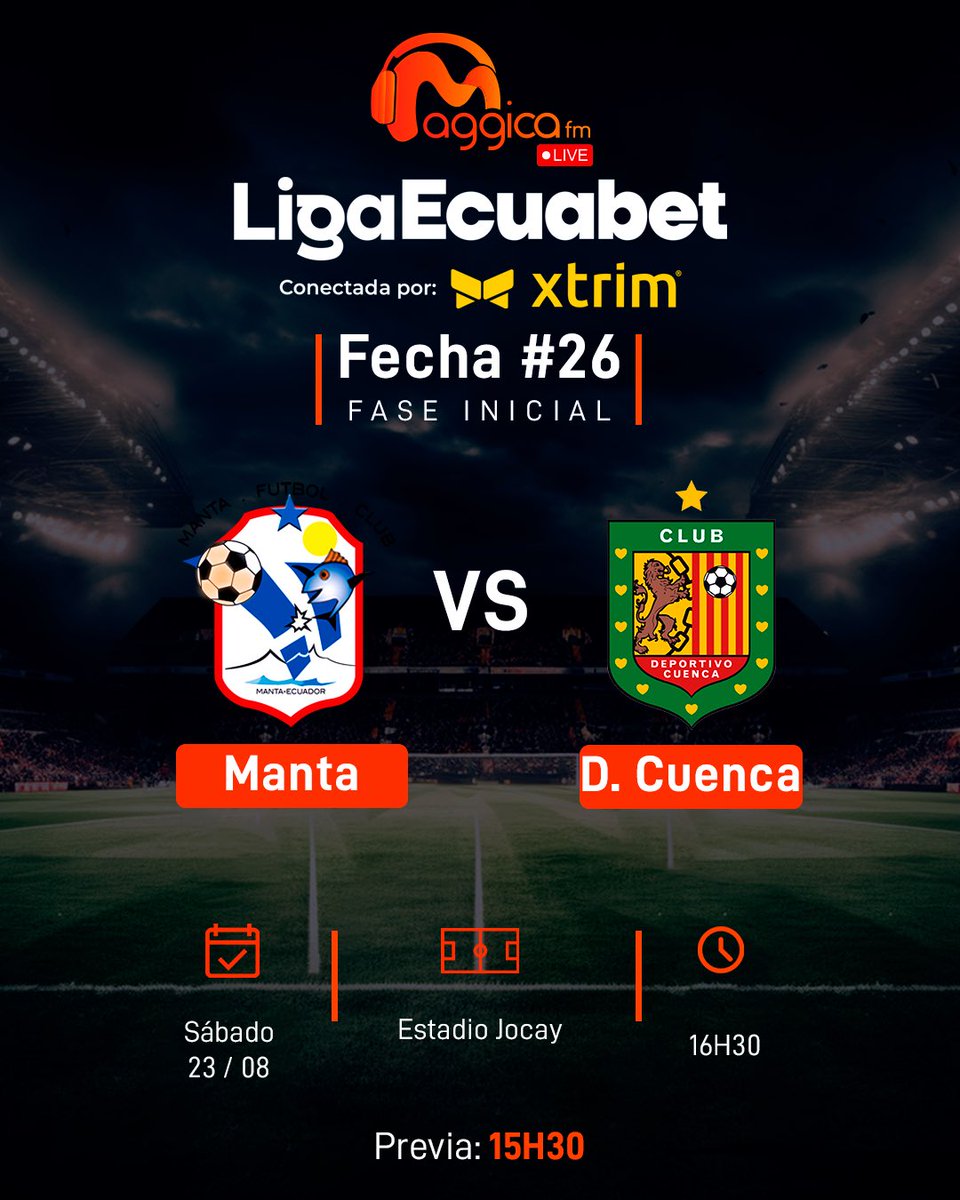 ¡El Expreso Austral busca sostener su lugar para un torneo internacional! ⚽️🏆

#DeportivoCuenca 🔴⚫ visita a #MantaFC 🔵⚓ en el Jocay 🏟️ por la Fecha 26 de #LigaEcuabet 🏆

📻 Previa: 15h30 | Partido: 16h30 por Maggica FM 92.1 🎤🧡🖤