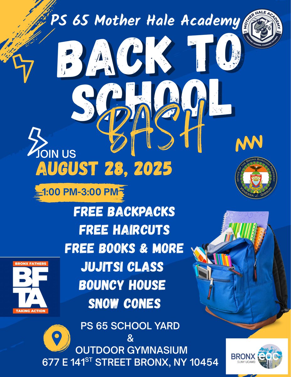 Come join us Thursday 8/28 from 1:00-3:00pm for our Back to School Bash

Free Backpacks, Free Haircuts, Free Supplies