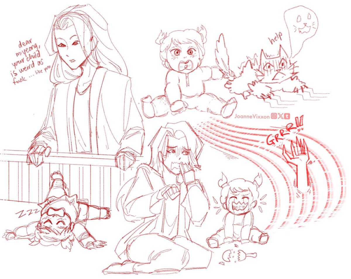 BUT WHAT IF Celine DID try to be strict, but it backfired cuz Rumi was a WEIRD BABY, slept odd, had demon strength, would cause ripples in the honmoon when she cried for milk, that even a DEMON popped out right beside her once, haunting Celine’s dreams for weeks #kpopdemonhunters