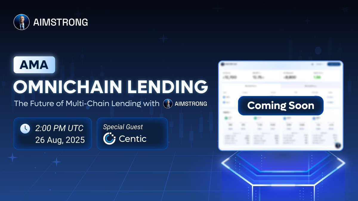 🚀 AMA ALERT 🚀
Omnichain Lending is launching &amp; We’re bringing you behind the scenes.
🎙️ Meet AImstrong’s Tech Lead + special guest from <a href="/centic_io/">Centic</a>

🔍 Topics:
Omnichain Lending explained
Smart Vault = highest APRs
Risk intel powered by Centic

Got questions? This is your