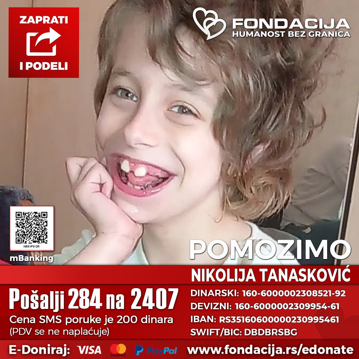 1na2407's tweet photo. ZAPRATI NAŠ PROFIL, PODELI TVIT I POMOZI DECI!🙏
🇷🇸 Pošalji SMS: 284 na 2407

Nikolija je rođena 2018. godine. Već u osmom mesecu primećeni su problemi u razvoju – nije mogla samostalno da sedi ni hoda. Dijagnostikovano joj je više teških stanja: cerebralna paraliza, zastoj u razvoju, mikrocefalija, cistična bolest bubrega i anemija.

Kako možete da pomognete?

🇷🇸 Pošalji SMS: 284 na 2407

💳 Doniraj karticom: https://t.co/XclqzfFchP

🌐 PayPal: https://t.co/C09dNsTgzV

📲 Skeniraj QR kod i doniraj putem mobilnog telefona - mBanking

Potrebna joj je stalna podrška kroz kineziterapije, ortopedska pomagala, lekove i suplemente.

Uprkos svemu, Nikolija je vesela i borbena devojčica. Uz našu pomoć, može da napravi svoje prve korake.

Pomozimo Nikoliji da prohoda! ❤️❤️

Retvituj ovu objavu i zaprati nas jer humanost se umnožava kada se deli. 🙏

Retvit + Follow 🙏