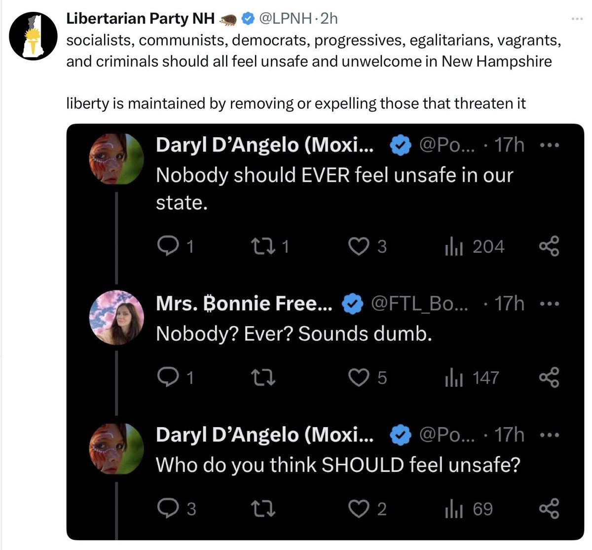 NHCLP's tweet image. People who are following their own life's path without harming others are welcome in our state.  Authoritatianism,  bigotry, and intolerance are not New Hampshire values.  

New Hampshire values are Liberal values.  

#Liberalism #LiberalValues #tolerance #pluralism