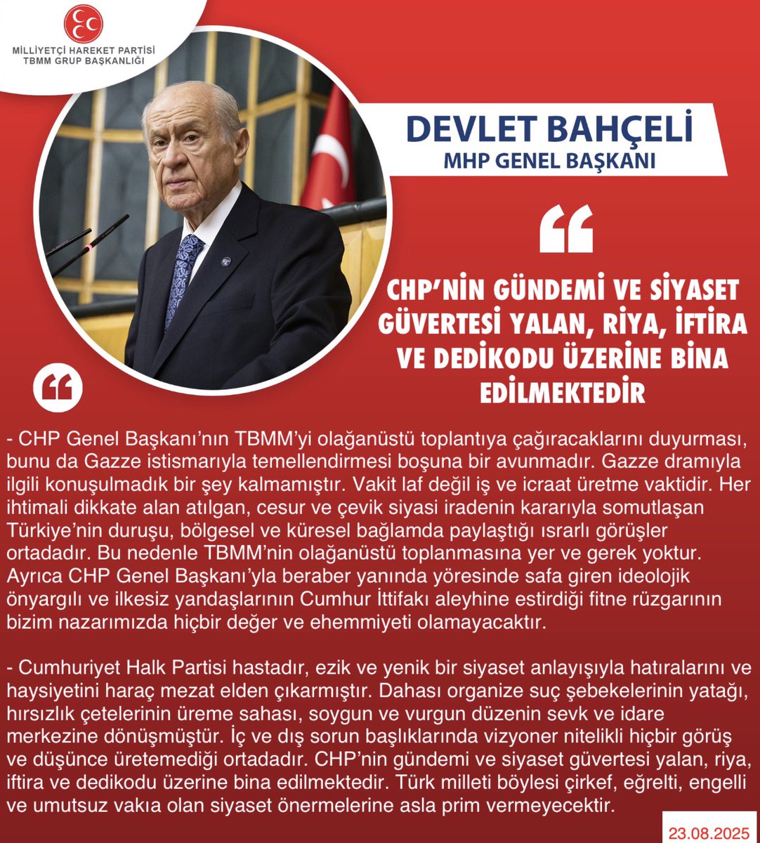 MHP TBMM Grubu #MHP (@mhptbmmgrubu) on Twitter photo Genel Başkanımız Sayın Devlet BAHÇELİ <a href="/dbdevletbahceli/">Devlet Bahçeli</a>: CHP’nin gündemi ve siyaset güvertesi yalan, riya, iftira ve dedikodu üzerine bina edilmektedir Genel Başkanımız Sayın Devlet BAHÇELİ <a href="/dbdevletbahceli/">Devlet Bahçeli</a>: CHP’nin gündemi ve siyaset güvertesi yalan, riya, iftira ve dedikodu üzerine bina edilmektedir