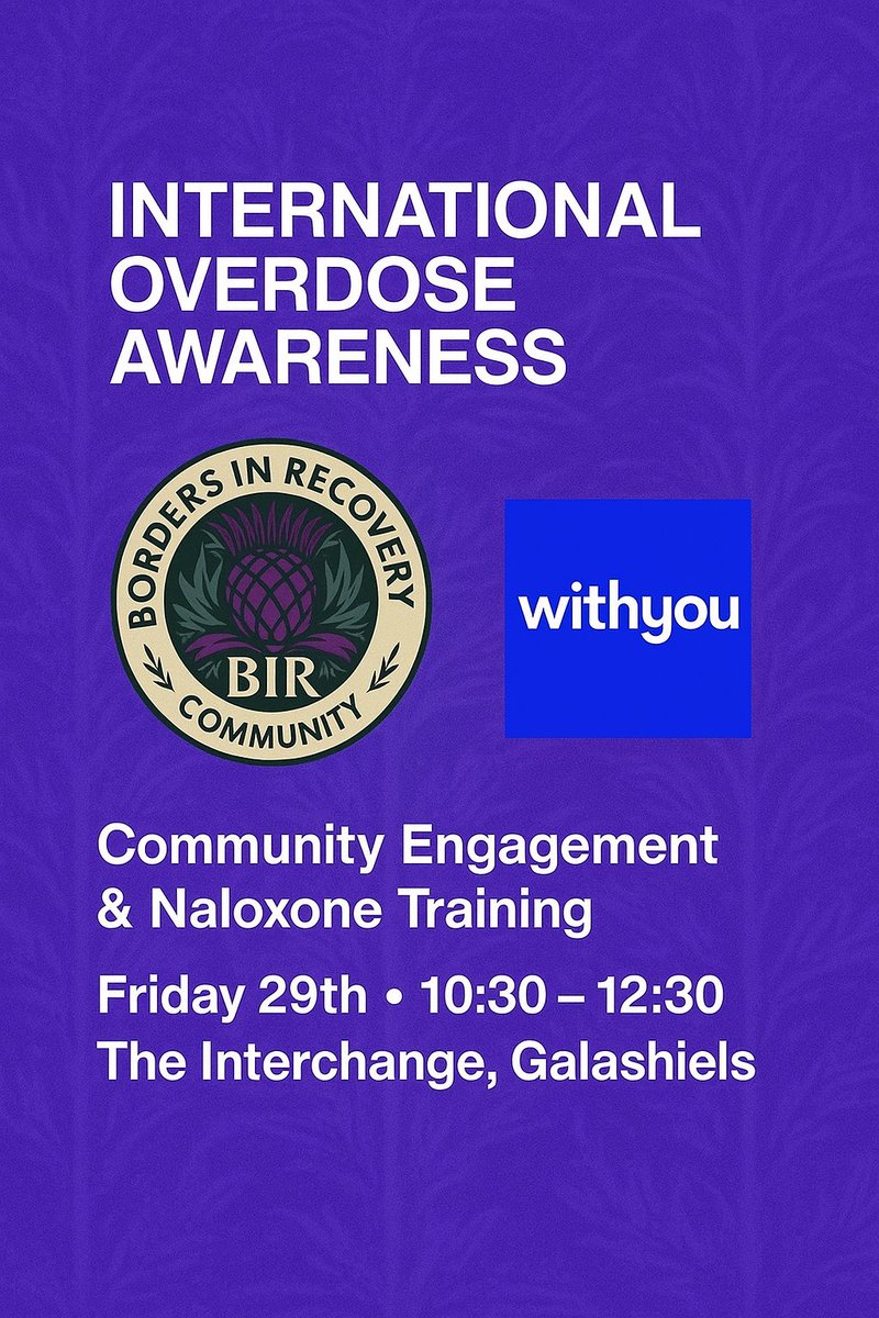 💜 International Overdose Awareness Day 💜
Join us for Community Engagement &amp; Naloxone Training
📍 The Interchange, Galashiels
🗓 Fri 29 Aug | ⏰ 10:30–12:30

Together we remember, reduce stigma &amp; save lives.
#IOAD2025 #NaloxoneSavesLives #OverdoseAware 
#savealife