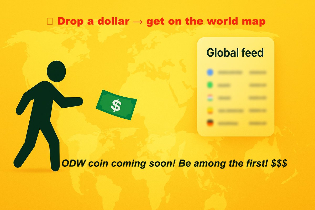 1onedollarworld's tweet image. 💵 Drop a dollar → get on the world map 🌍

appear in the global feed 📜

Join the experiment now 👉 onedollarworld.live