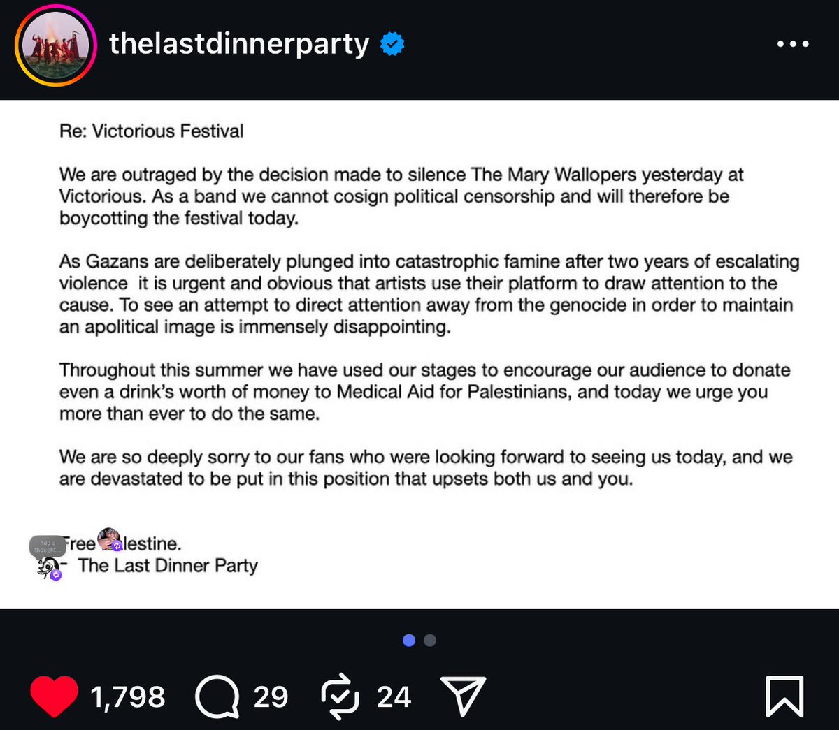 musicwins1's tweet image. The Last Dinner Party boycott Victorious festival and cancel their set today