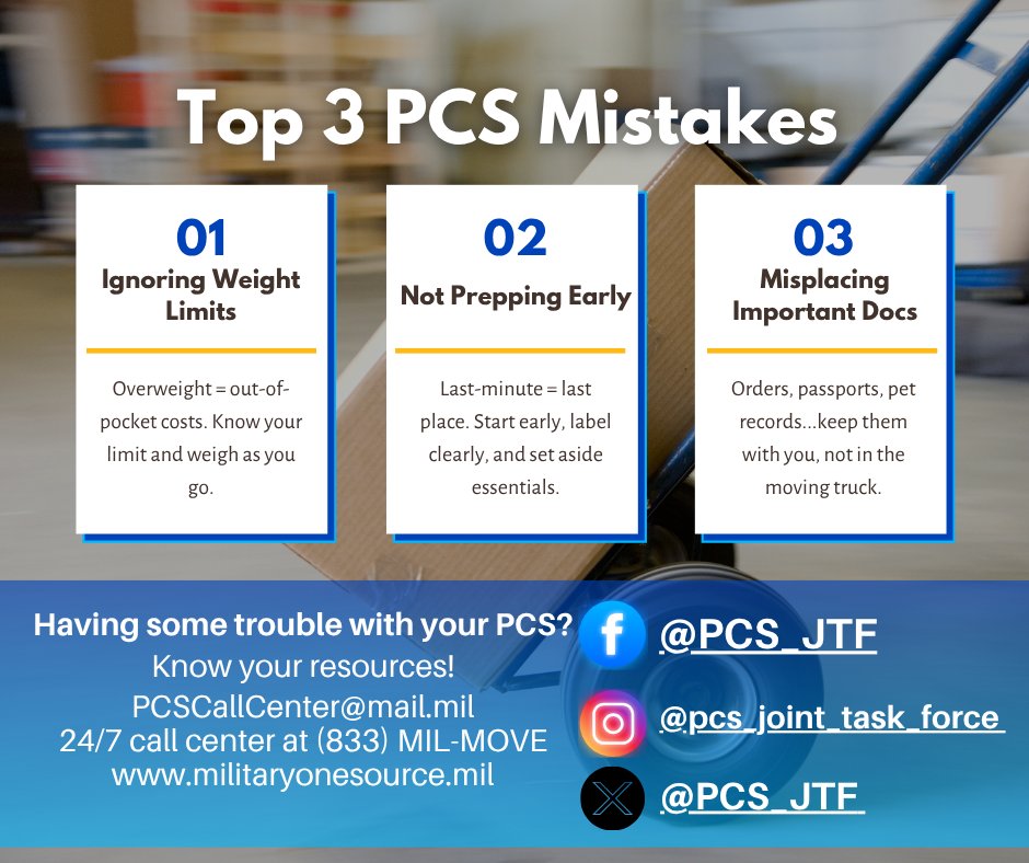 U.S. Navy (@usnavy) on Twitter photo ๐ Moving soon? Donโt make these top 3 PCS mistakes! ๐ฆ
Need help now? Call 1 (833) MIL-MOVE or email PCScallCenter@mail.mil anytime.
#PCSMove #MilitaryLife #PCSTips ๐ Moving soon? Donโt make these top 3 PCS mistakes! ๐ฆ
Need help now? Call 1 (833) MIL-MOVE or email PCScallCenter@mail.mil anytime.
#PCSMove #MilitaryLife #PCSTips