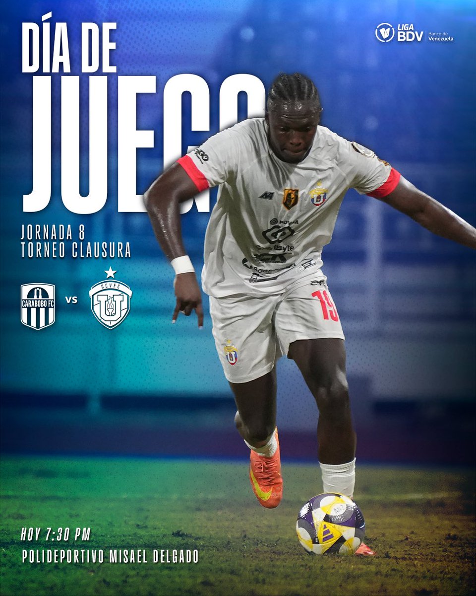 ⚽️ Día de juego: Modo 🔛 

➡️ Jornada 8 - Torneo Clausura
🆚 Carabobo FC
⌚️ 7:30 PM
🏟️ Estadio Polideportivo Misael Delgado
📺 YouTube Liga FUTVE

#SomosUCV 
#LigaBancoDeVenezuela