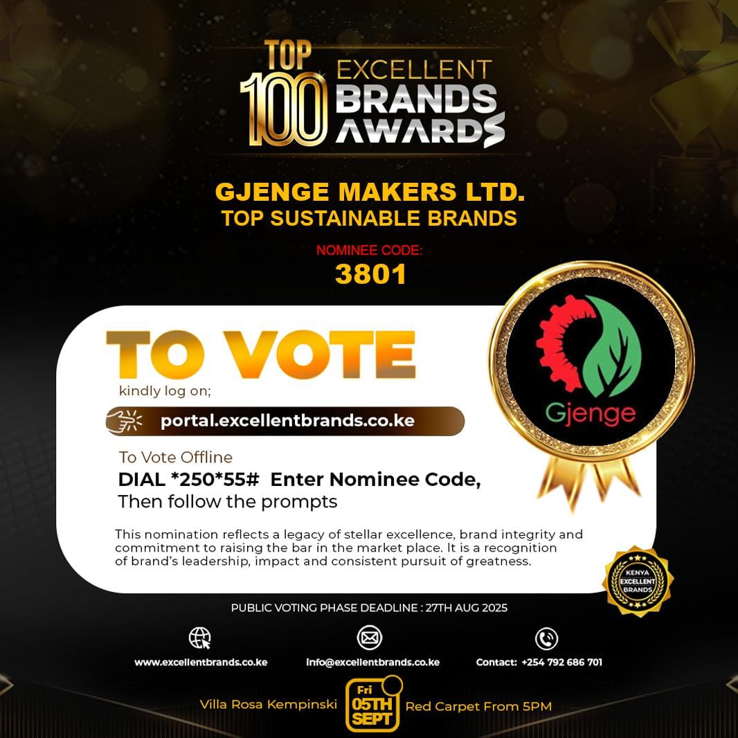 Gjenge Makers Ltd (@gjenge_makers) on Twitter photo Vote for us to win top sustainable brand😊.
You can log on the portal or dial *250*55#
Enter our code: 3801
Then follow prompts. 
Thank you💪💪 Vote for us to win top sustainable brand😊.
You can log on the portal or dial *250*55#
Enter our code: 3801
Then follow prompts. 
Thank you💪💪