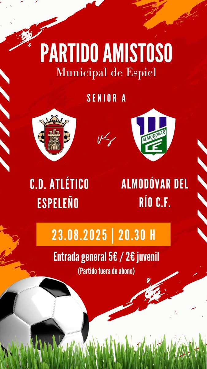 📢¡𝘼𝙁𝙄𝘾𝙄Ó𝙉!📢 ⚽¡𝙃𝙊𝙔 𝙀𝙎 𝘿Í𝘼 𝘿𝙀 𝙋𝘼𝙍𝙏𝙄𝘿𝙊!⚽

Hoy vuelve el fútbol al municipal espeleño, partido amistoso frente al Almodóvar del Río C.F., que servirá para ver  la puesta de largo de los nuevos fichajes del equipo del argentino Ariel Montenegro
