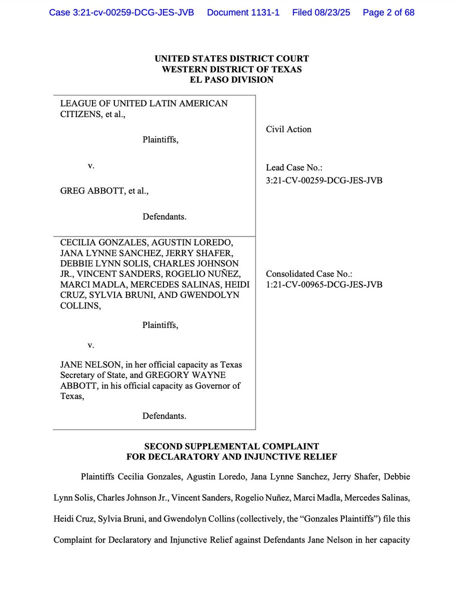 🚨NEW: With the Texas congressional map having passed in the wee hours this a.m., the first lawsuit over them has been filed. This one by the Gonzales plaintiffs.

Here's the 67-page compliant:

drive.google.com/file/d/1v7dGhb…

#txlege