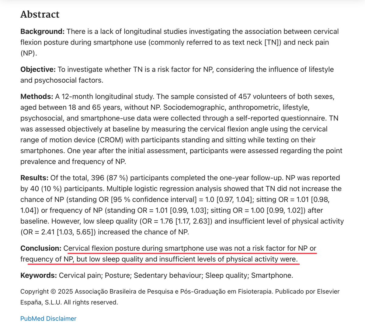 ɹǝʇlnoԀ pıʌɐᗡ 🚴🏻 🇺🇸 🇦🇺 🇬🇧 (@retlouping) on Twitter photo Cervical flexion posture during smartphone use was not a risk factor for neck pain, but low sleep quality and insufficient levels of physical activity were. A longitudinal investigation pubmed.ncbi.nlm.nih.gov/40845624/ Cervical flexion posture during smartphone use was not a risk factor for neck pain, but low sleep quality and insufficient levels of physical activity were. A longitudinal investigation pubmed.ncbi.nlm.nih.gov/40845624/