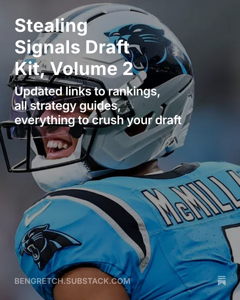 Did all the positional strategy and tiers breakdowns this week, so those are fresh. Rankings updated daily.

Links to everything, from rankings to a round-by-round draft strategy blueprint. Go dominate.
