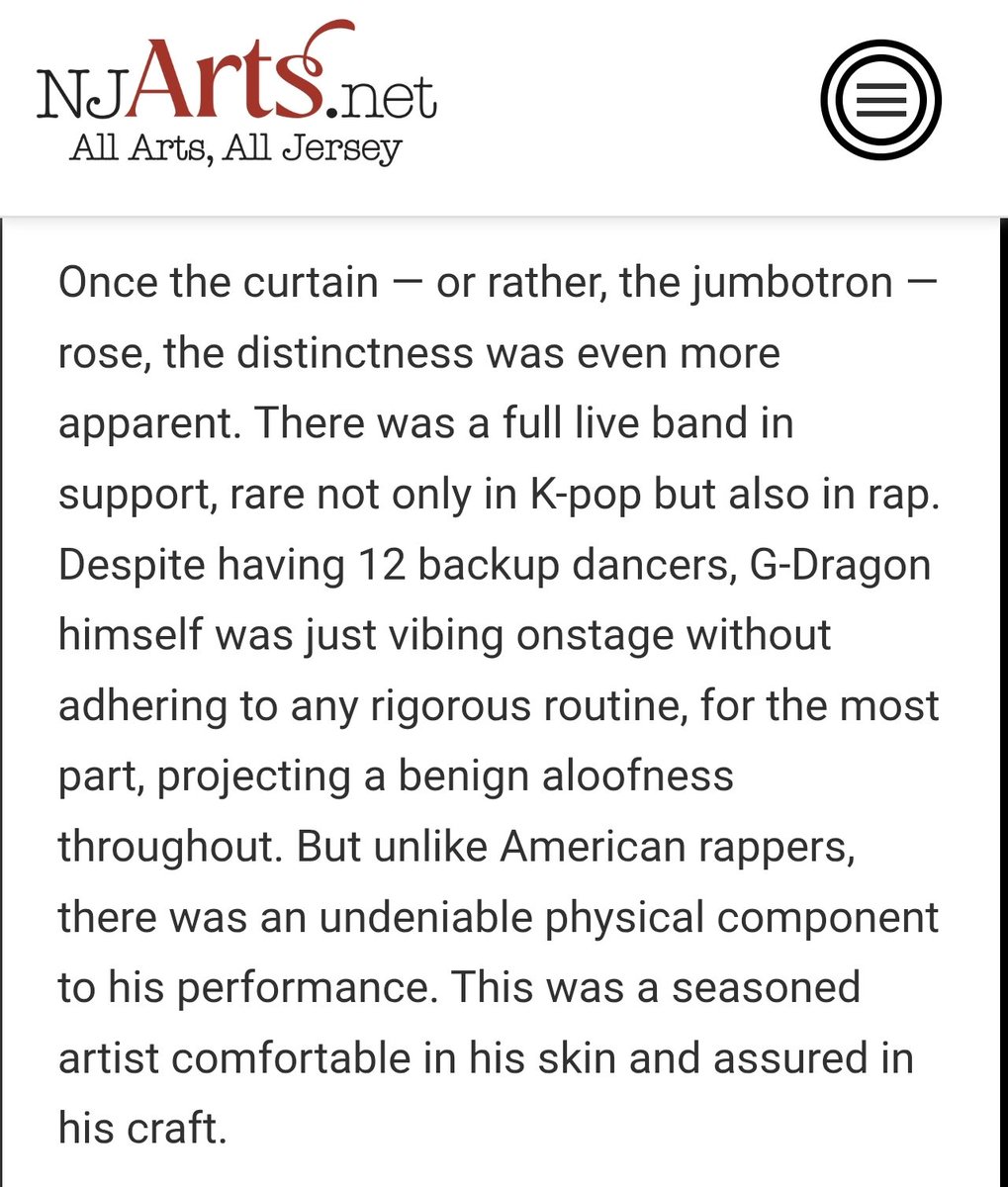 Review of G-Dragon concert in Prudential Center by NJ Arts:

"This was a seasoned artist comfortable in his skin and assured in his craft."

"It was not the typical K-pop crowd"

Full review: njarts.net/k-pop-icon-g-d…