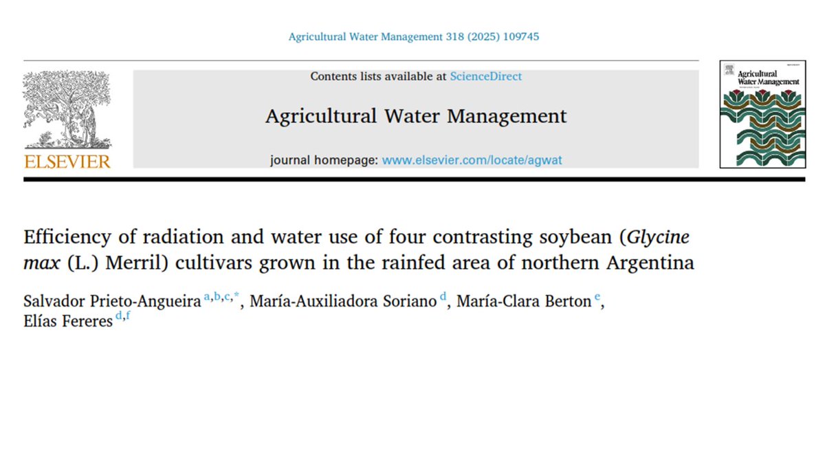 Salvador Prieto Angueira (@prieto_salva) on Twitter photo Cerramos la semana compartiendo con alegría este trabajo publicado en Agricultural Water Management. Quiźas ayude a entender porque los ciclos cortos de soja se adaptaron en el norte.
sciencedirect.com/science/articl… Cerramos la semana compartiendo con alegría este trabajo publicado en Agricultural Water Management. Quiźas ayude a entender porque los ciclos cortos de soja se adaptaron en el norte.
sciencedirect.com/science/articl…