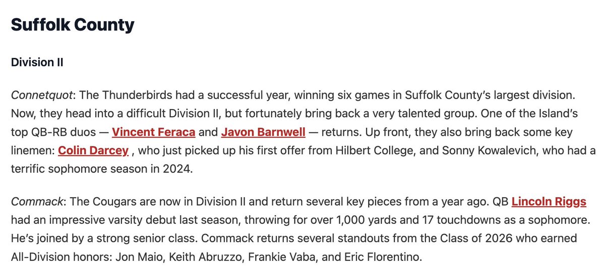 Lincoln Riggs (@lincoln_r13) on Twitter photo Thank you to <a href="/PrepRedzoneNY/">Prep Redzone New York</a> and <a href="/jared_valluzzi/">Jared Valluzzi</a> for the write up and team mention. Grateful for the recognition for our team. Locked in for the 2025 season
<a href="/FootballCommack/">Commack Football</a>
<a href="/QBCoachBrady/">James Brady</a>
<a href="/NFHSNetwork/">NFHS Network</a>
<a href="/SectXISuffolk/">SectionXI</a>
<a href="/NewsdayHSsports/">Newsday HS sports</a> Thank you to <a href="/PrepRedzoneNY/">Prep Redzone New York</a> and <a href="/jared_valluzzi/">Jared Valluzzi</a> for the write up and team mention. Grateful for the recognition for our team. Locked in for the 2025 season
<a href="/FootballCommack/">Commack Football</a>
<a href="/QBCoachBrady/">James Brady</a>
<a href="/NFHSNetwork/">NFHS Network</a>
<a href="/SectXISuffolk/">SectionXI</a>
<a href="/NewsdayHSsports/">Newsday HS sports</a>