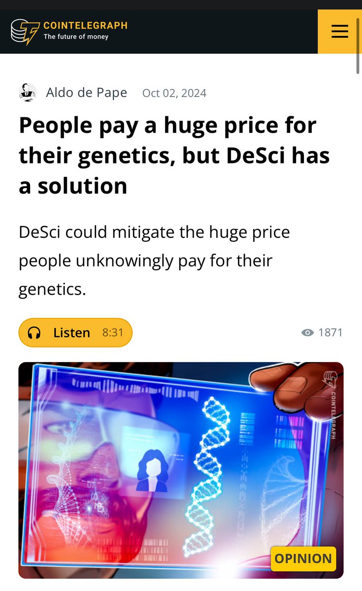 People pay a huge price for their genetics but DeSci has a solution. 🧬 

Big thanks to <a href="/Cointelegraph/">Cointelegraph</a> for inviting us to write this OpEd

A $GENOME future is now. Join us! 🚀 

👇 👇 

cointelegraph.com/news/people-pa…