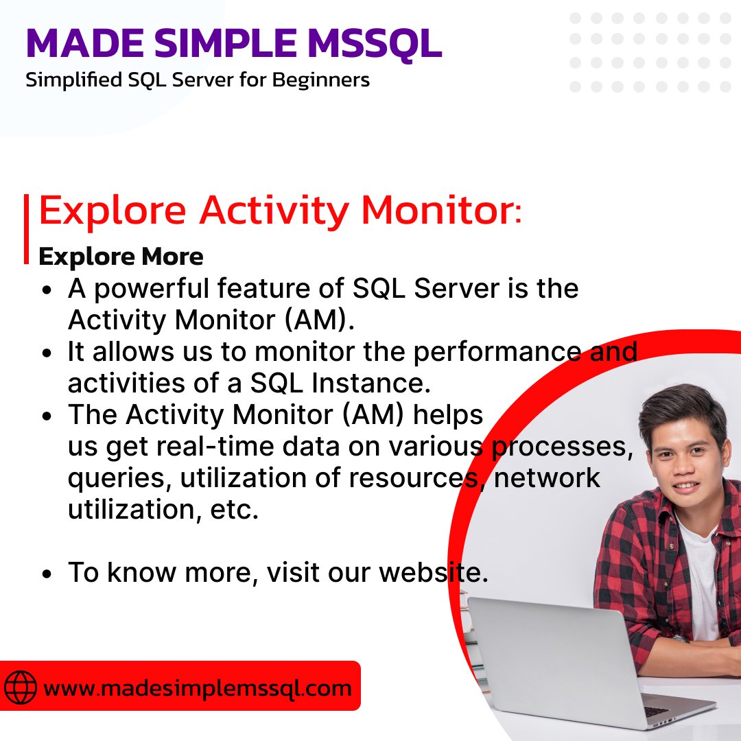 gsumita23's tweet photo. A powerful feature of SQL Server is the Activity Monitor (AM), which allows us to monitor the performance and activities of an SQL Instance. Let's Explore Deeply:
https://t.co/OlxQApDntA
#Database #Data #sql #sqldba #dba #SqLArt #developers #usa #uk #madesimplemssql #expluger https://t.co/qugCX5xfaR