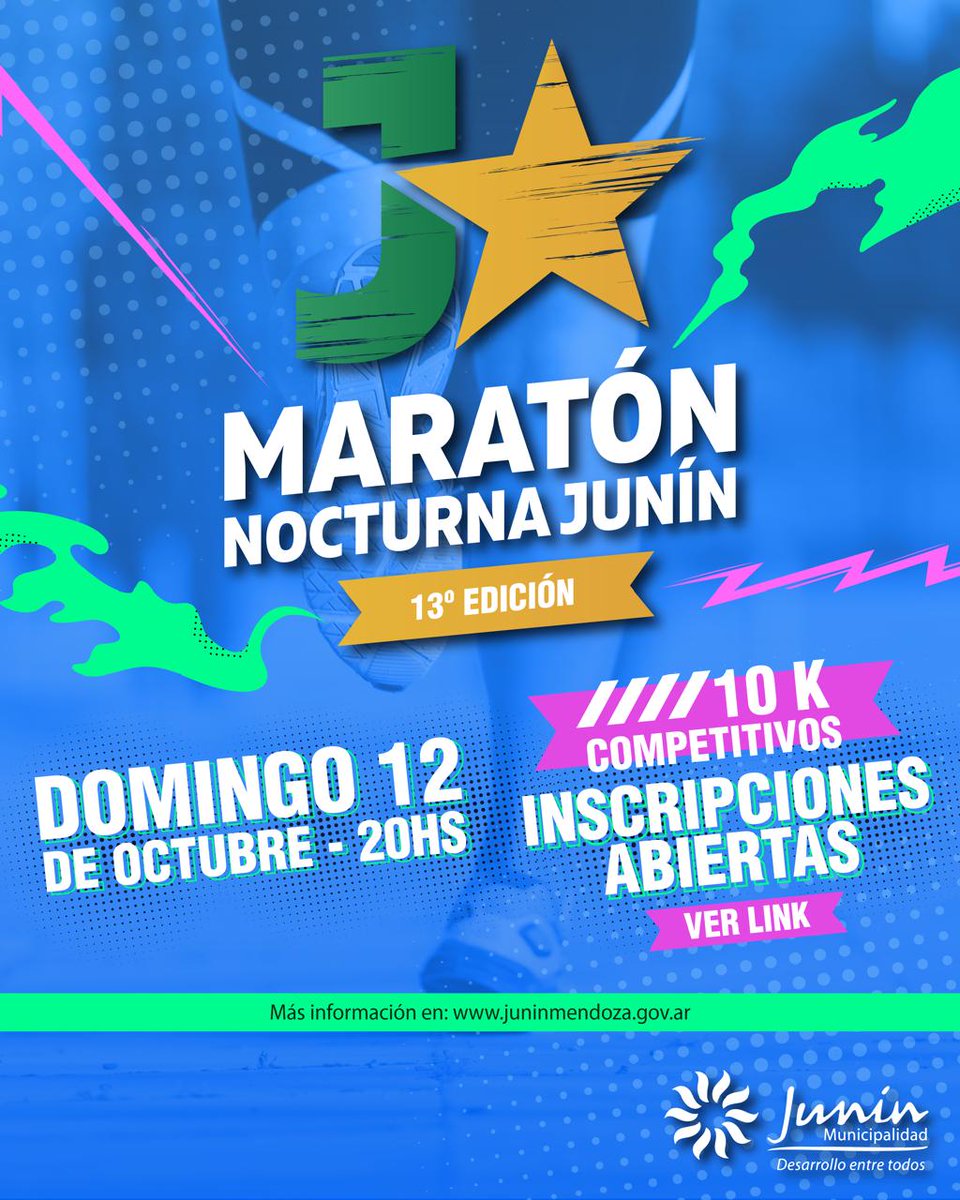 MuniJuninMdz's tweet photo. ¡INSCRIPCIONES ABIERTAS! 🏃‍♀️🏃‍♂️ ¡La 13º Maratón Nocturna de Junín ya comienza a palpitarse🌃 El 12 de octubre a las 20 horas, te invitamos a desafiar tus límites en una carrera de 10 kilómetros

¡Inscripciones abiertas! ➡️https://t.co/30pfYkBtKD

¡No te quedes afuera! https://t.co/TWM199luYL