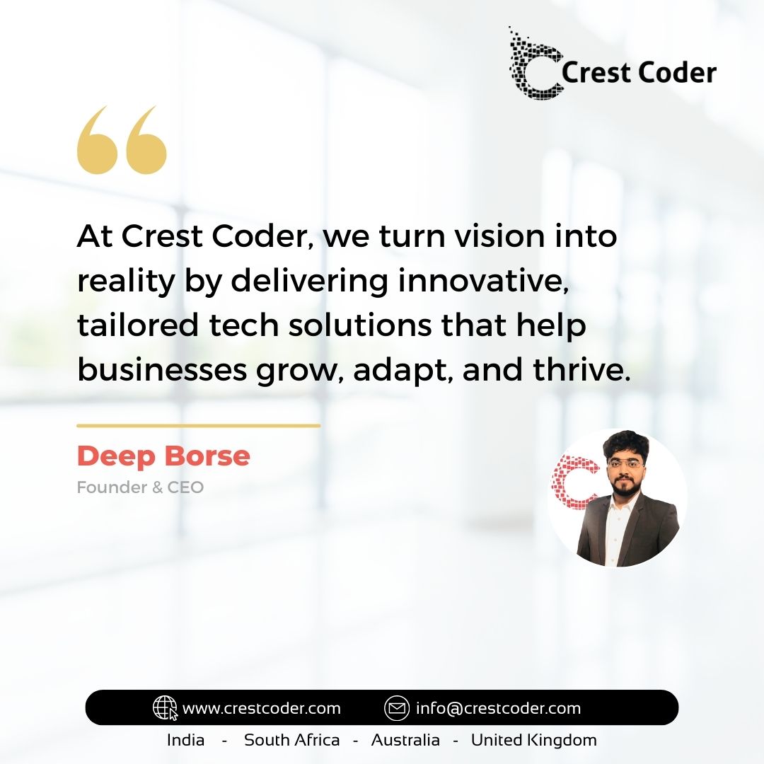 CrestCoder's tweet image. At Crest Coder, we turn vision into reality by delivering innovative, tailored tech solutions that help businesses grow, adapt, and thrive. From automation to platform-independent applications, we empower organizations to work smarter and achieve more.
