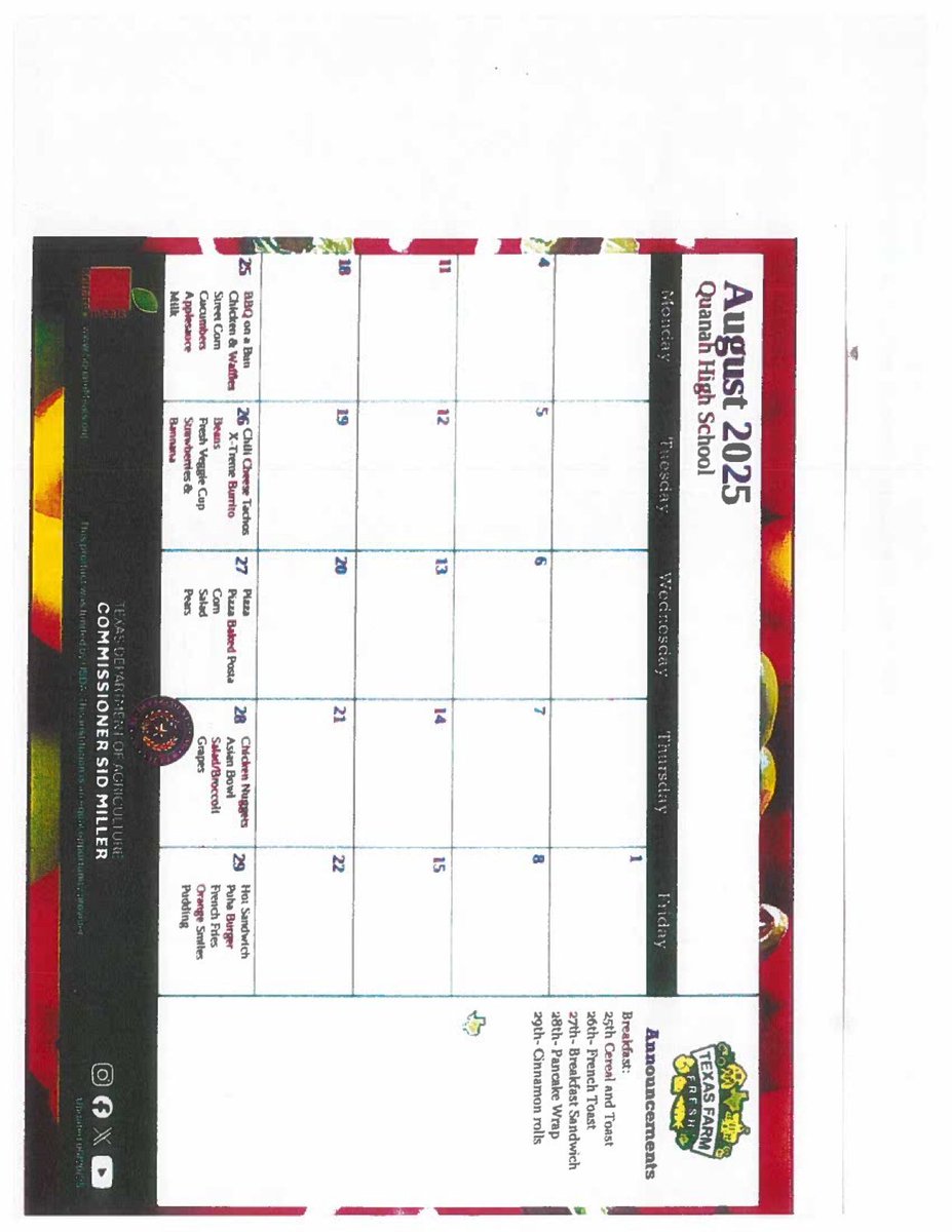 School lunch menus for the week of August 25th, 2025.