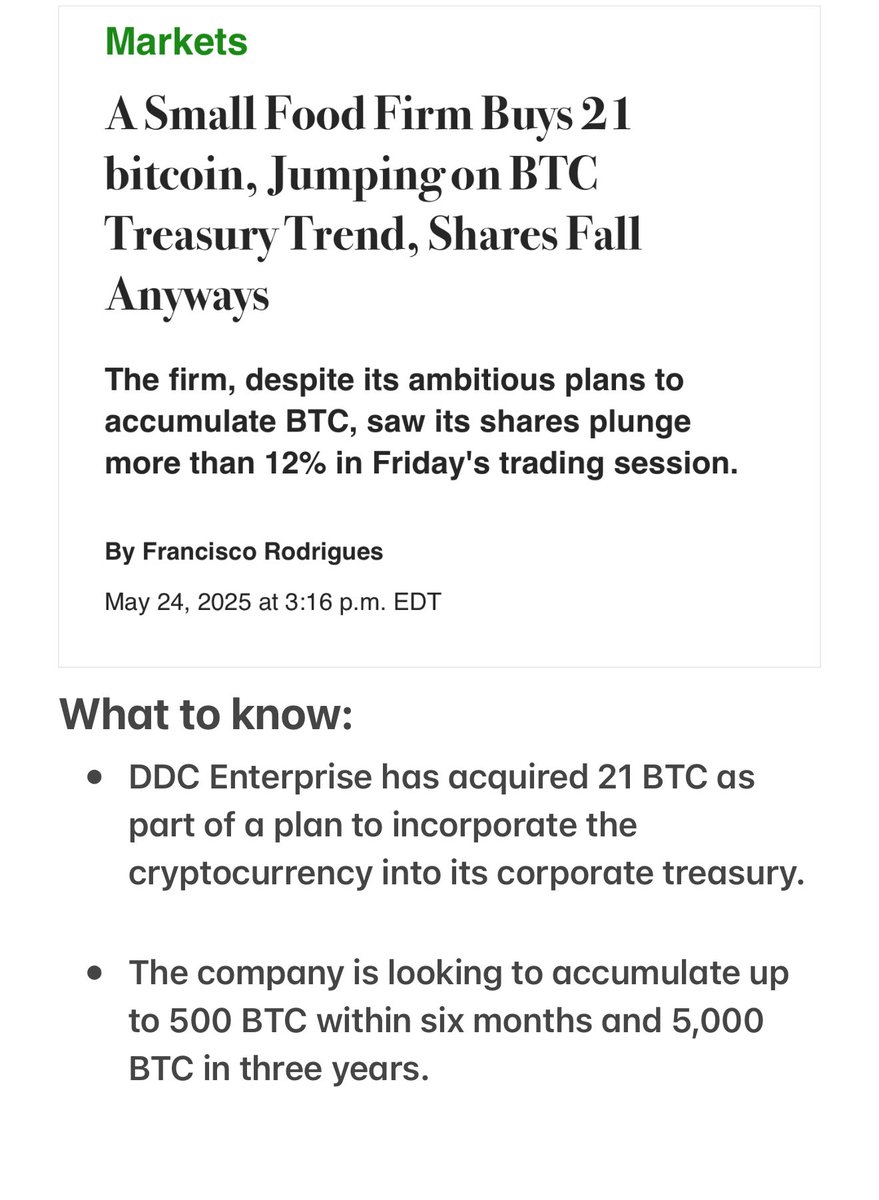 Less than 100 days ago $DDC (Day Day Cook) announced they would be  implementing the @saylor strategy by transforming their treasury and  company to a Bitcoin Standard. In 100 days here is