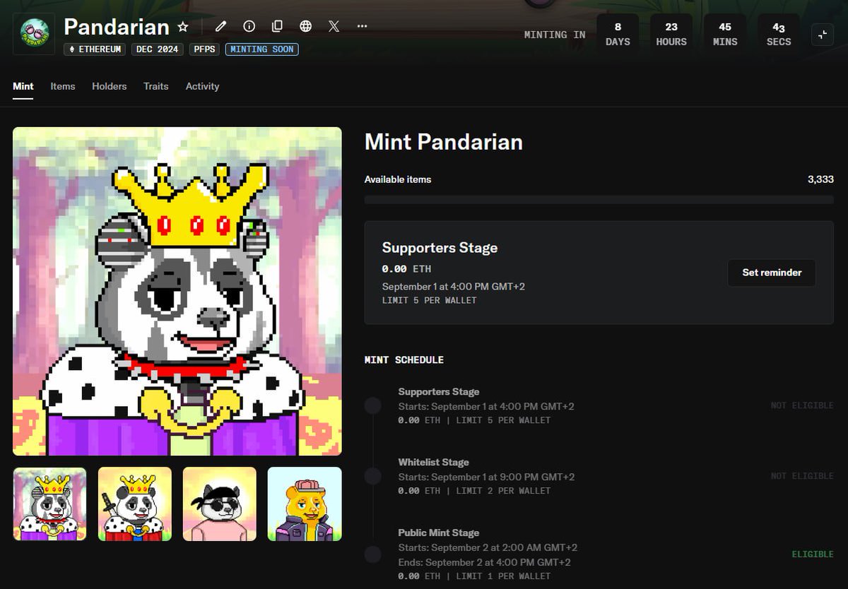 Pandarian_NFT's tweet photo. https://t.co/E2Q9mRECeS

Pandarian is an exclusive 3,333 NFT collection built on the Ethereum blockchain, inspired by the charm and wisdom of pandas. Each Pandarian is a one-of-a-kind digital masterpiece, merging stunning artistry with blockchain innovation.

THE MINT DATE IS FINALLY OUT IN OPENSEA FOR ETHEREUM BLOCKCHAIN

Pandarian's will have 3 stages:
Supporters Stage
Free mint with 5 nfts max wallet
Whitelist Stage
Free mint with 2 nfts max wallet
Public Mint Stage
Free mint with 1 nft max wallet

START IN 1ST SEPTEMBER AT 16 UTC