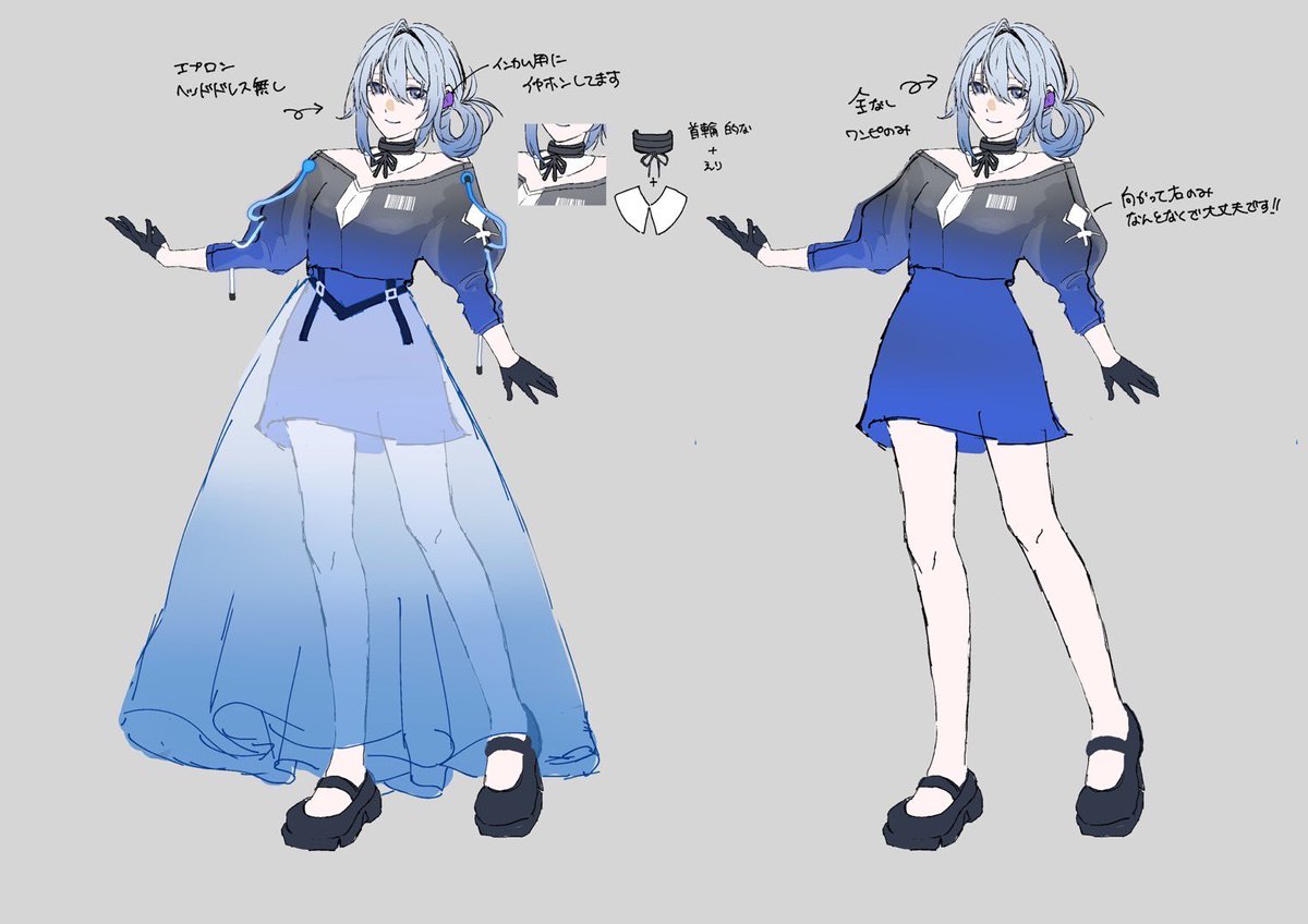 そしてこっちはデザインした子！
サイバーコア×メイドさんです

ロングスカートにしたい心と、近未来テーマなら丈短くしたいかも……！！！と言う心が戦った結果両方描きました！！