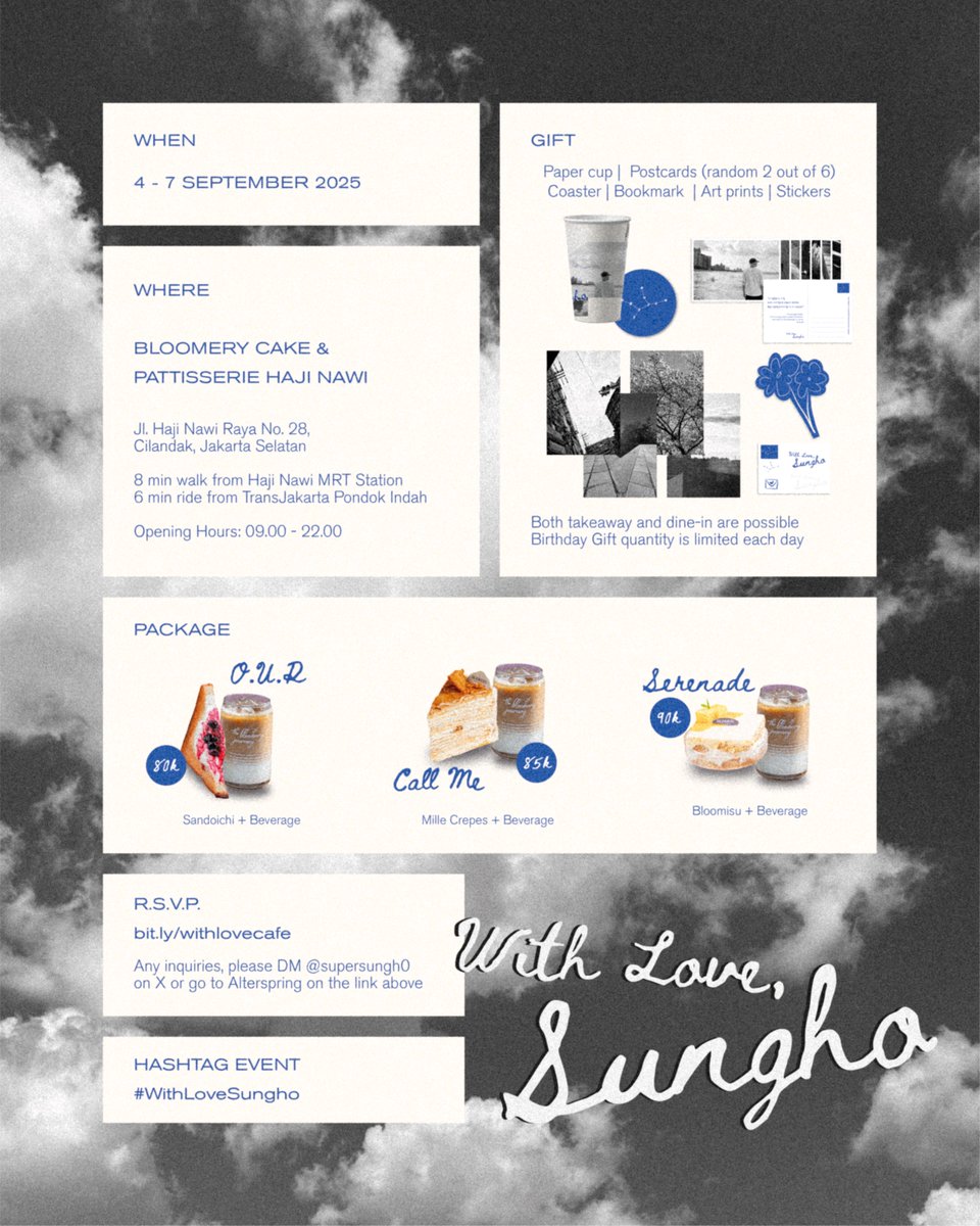💌 …𝙒𝙞𝙩𝙝 𝙇𝙤𝙫𝙚, 𝙎𝙪𝙣𝙜𝙝𝙤
———————————————
Birthday Cafe Event in Jakarta
• 4 - 7 Sept 2025
• Bloomery Haji Nawi

RSVP now open ▼
bit.ly/withlovecafe

𝘴𝘦𝘦 𝘺𝘰𝘶 𝘵𝘩𝘦𝘳𝘦!

#WithLoveSungho
#성호 #SUNGHO
#보이넥스트도어 #BOYNEXTDOOR