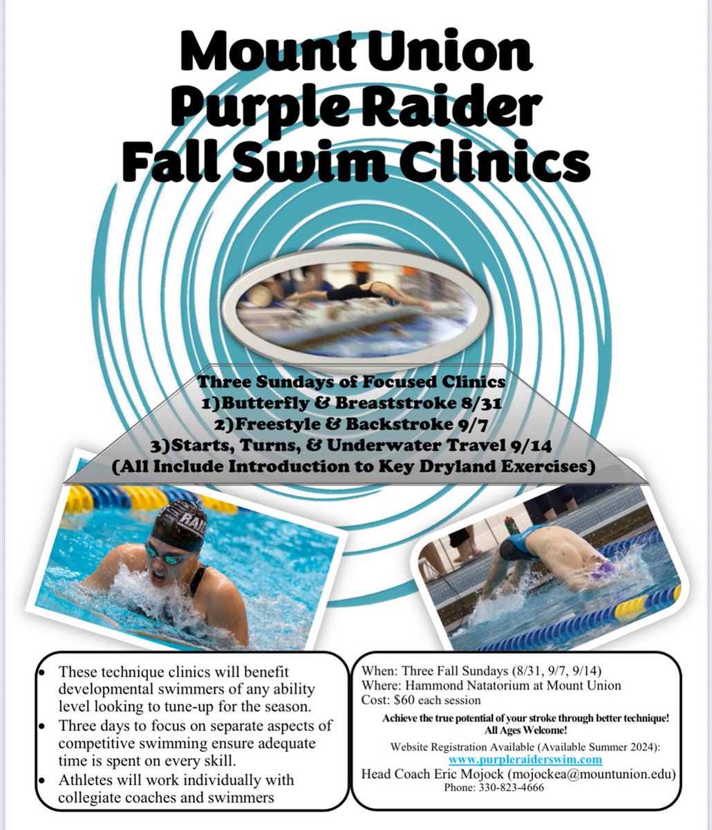 Fall Swim Clinics 8/31, 9/7, 9/14. purpleraiderswim.com