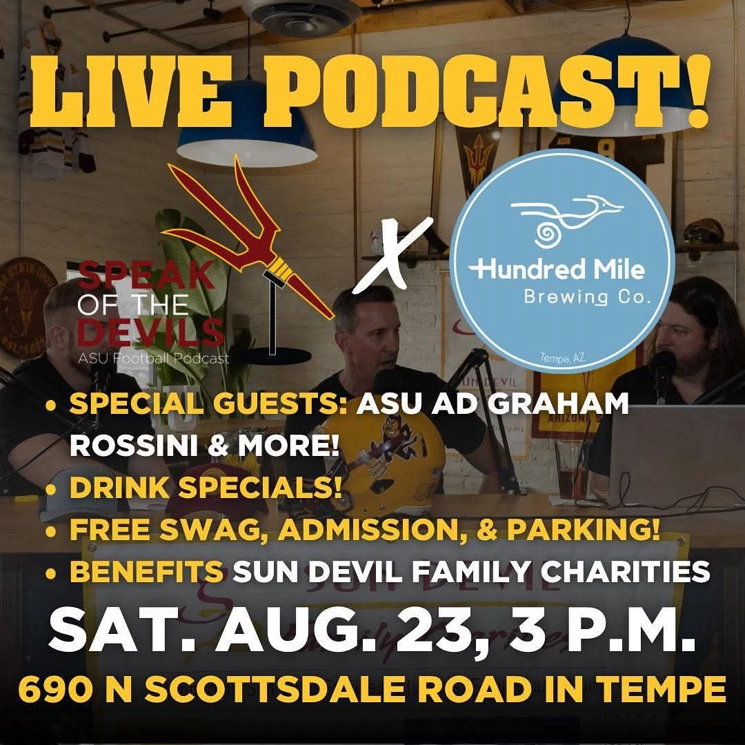 Live Podcast Day is here

Join us at <a href="/HundredMileBrew/">Hundred Mile Brewing</a> at 3:00pm

Our friends <a href="/SotDPodcast/">Speak of the Devils</a>  <a href="/CactusSportsAZ/">Cactus Sports</a>  will be on site.

<a href="/ASU_Uniformity/">Uniformity</a> <a href="/crafty_devils/">crafty devils</a> <a href="/TheVABC/">Valley Athletic Booster Club</a> @
