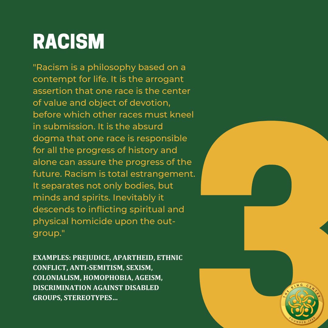 The #TripleEvils, as taught by Rev. Dr. #MartinLutherKingJr, are the three looming, interconnected, human-made blights against humanity that persist with a myriad of outcomes and corresponding social ills.

They are #militarism, #poverty (extreme materialism), and #racism.

Learn