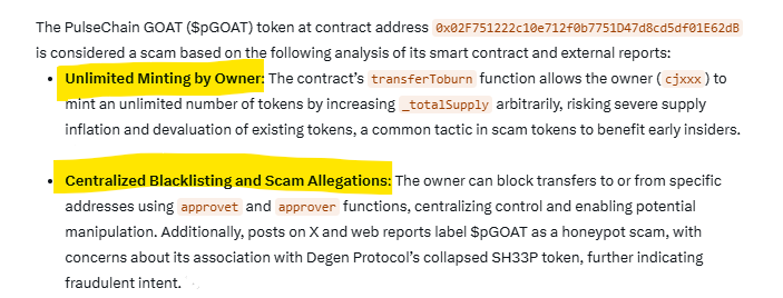 🚨 Scam alert on PulseChain  🚨

Don't buy the "PulseChain GOAT" ( $pGOAT ) token launched 12 hour ago on $PLSX, it's a scam. 👀 

The owner can mint unlimited new coins and blacklist your address.👀

Stay safe  💪

CA: 0x02F751222c10e712f0b7751D47d8cd5df01E62dB
