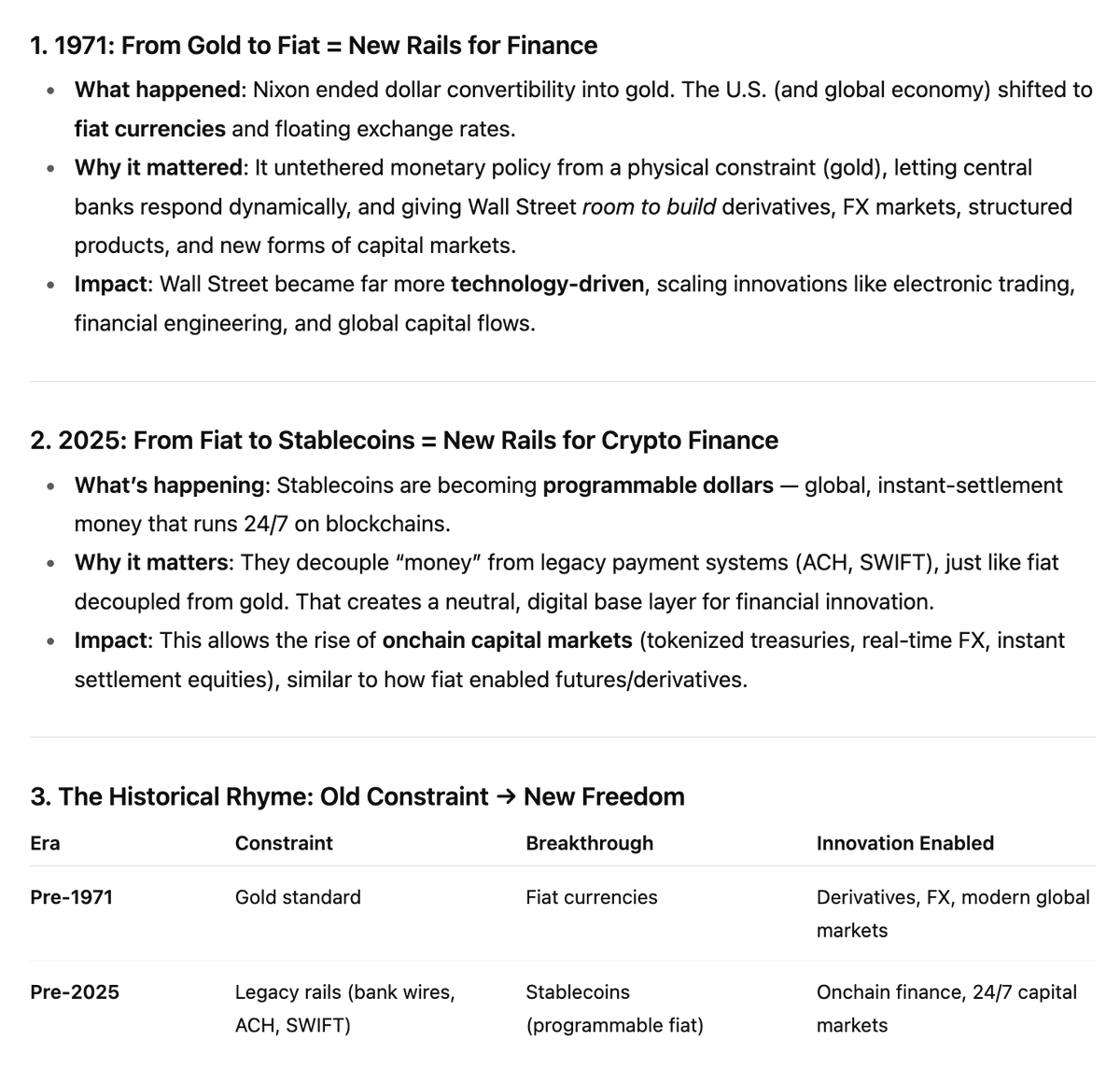 Infographic comparing financial shifts from 1971 gold to fiat and pre-2025 legacy rails to stablecoins
