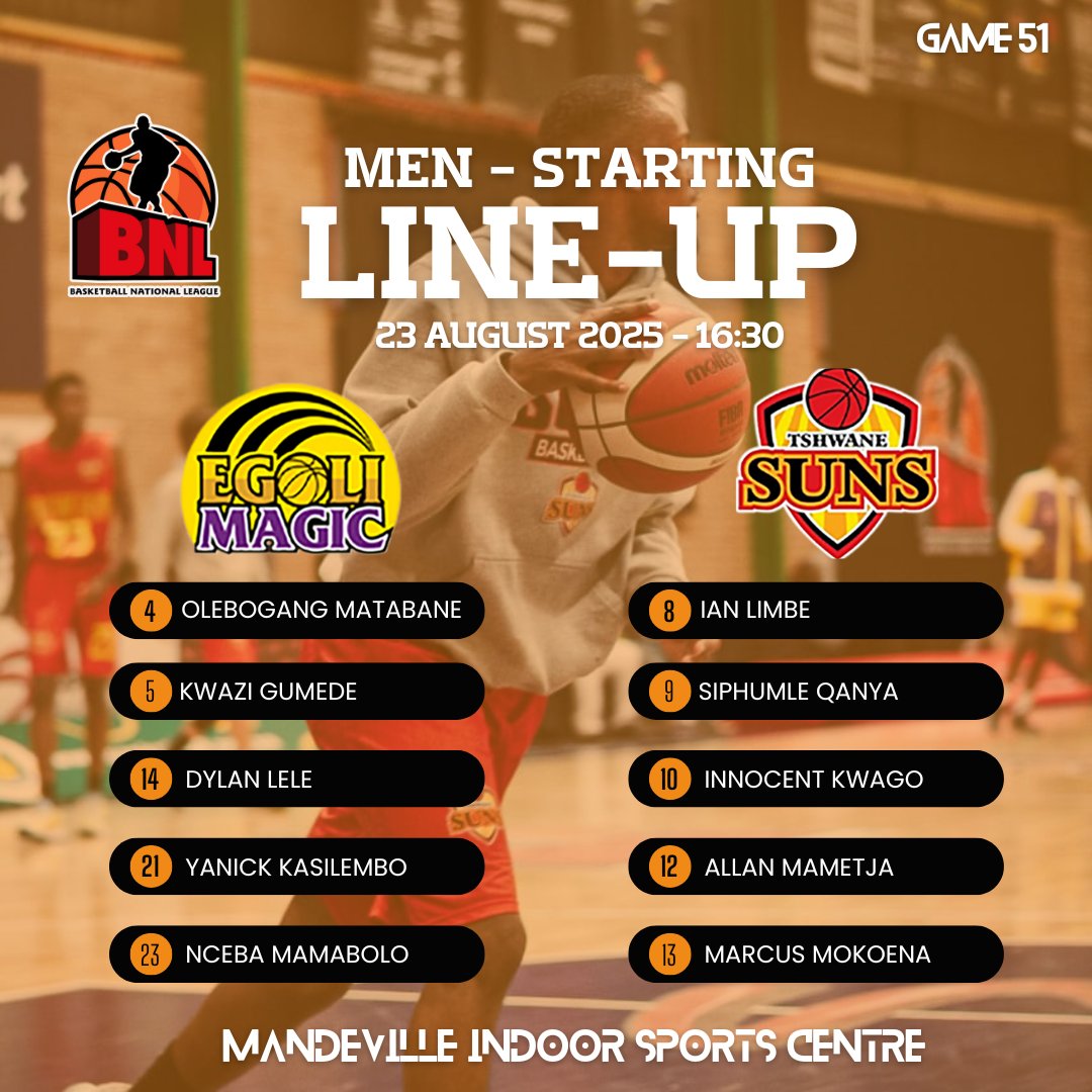 🏀 Finals Basketball is Here!
Egoli Magic and Tshwane Suns tip off in Game 1 of the Men’s Finals.
Lineups set. Energy electric. Stage ready.
📍 Mandeville Indoor Sports Centre
⏰ 16h30
Magic or Suns – who’s claiming the early edge?