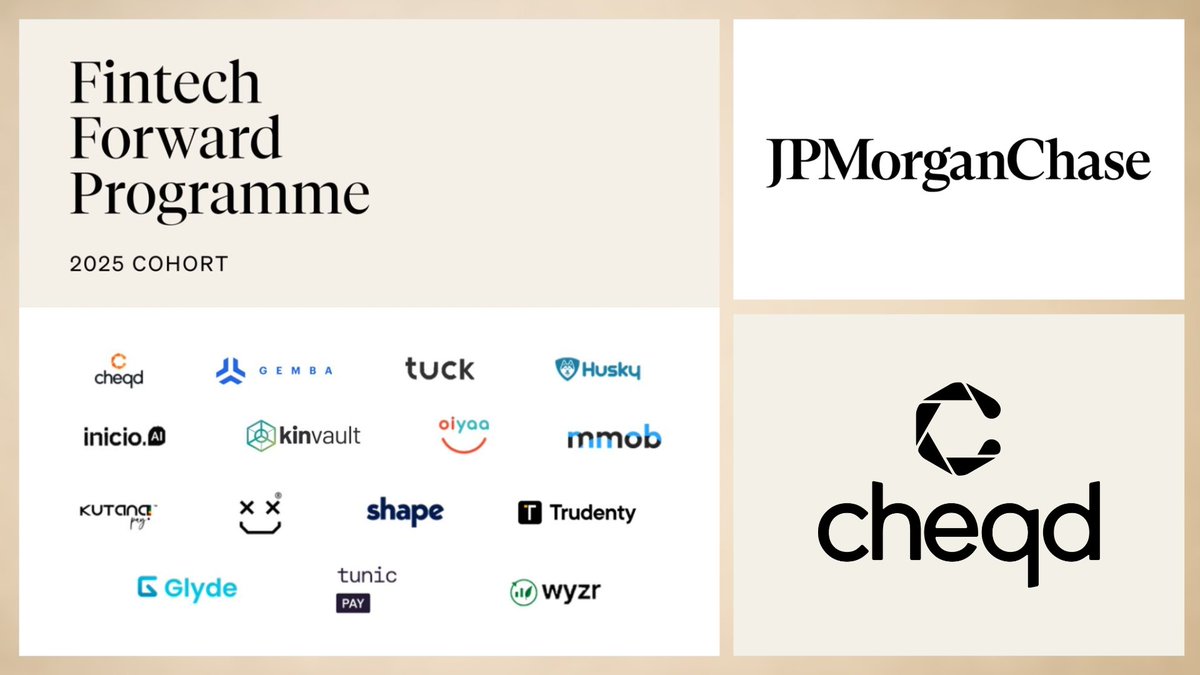 JPMorgan Chase, the worlds largest bank..

Has selected $CHEQ for its prestigious Fintech Forward Programme 2025 🔥

<a href="/cheqd_io/">cheqd.io 🆔</a> is among a group of selected startups who'll receive 12 weeks of mentorship, investor connections and strategic exposure through JP Morgan's vast network