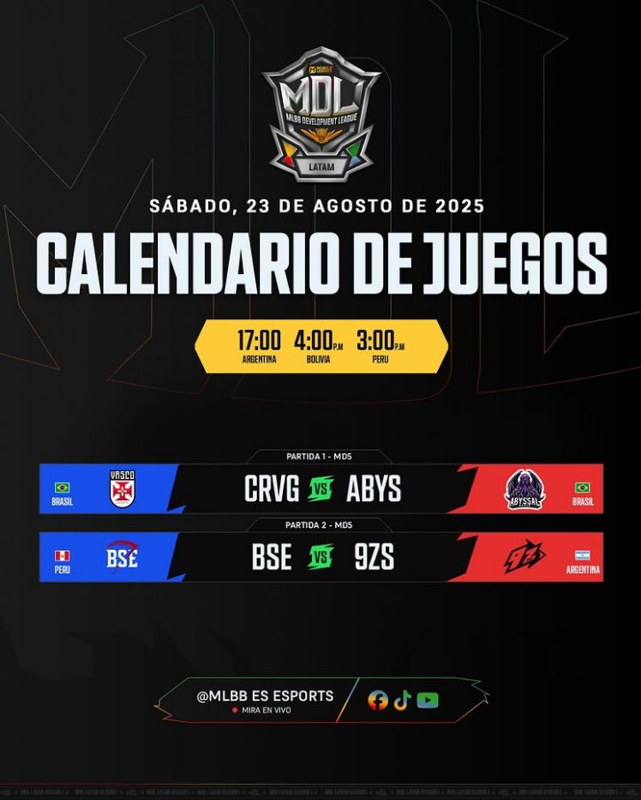 Día 5 de la MDL LATAM S1
⏰ 16h BOL | 15h PER | 17h ARG
¡Hoy tenemos dos MD5 imperdibles! 🔥

⚔ Lower Bracket – MD5
Vasco eSports 🆚 Abyssal Order

⚡ Upper Bracket – MD5
Black Sentence 🆚 9z SSJ

#MDLLATAM #MLBB #MLBBEsports #MobileLegendsBangBang #JugamosJuntos